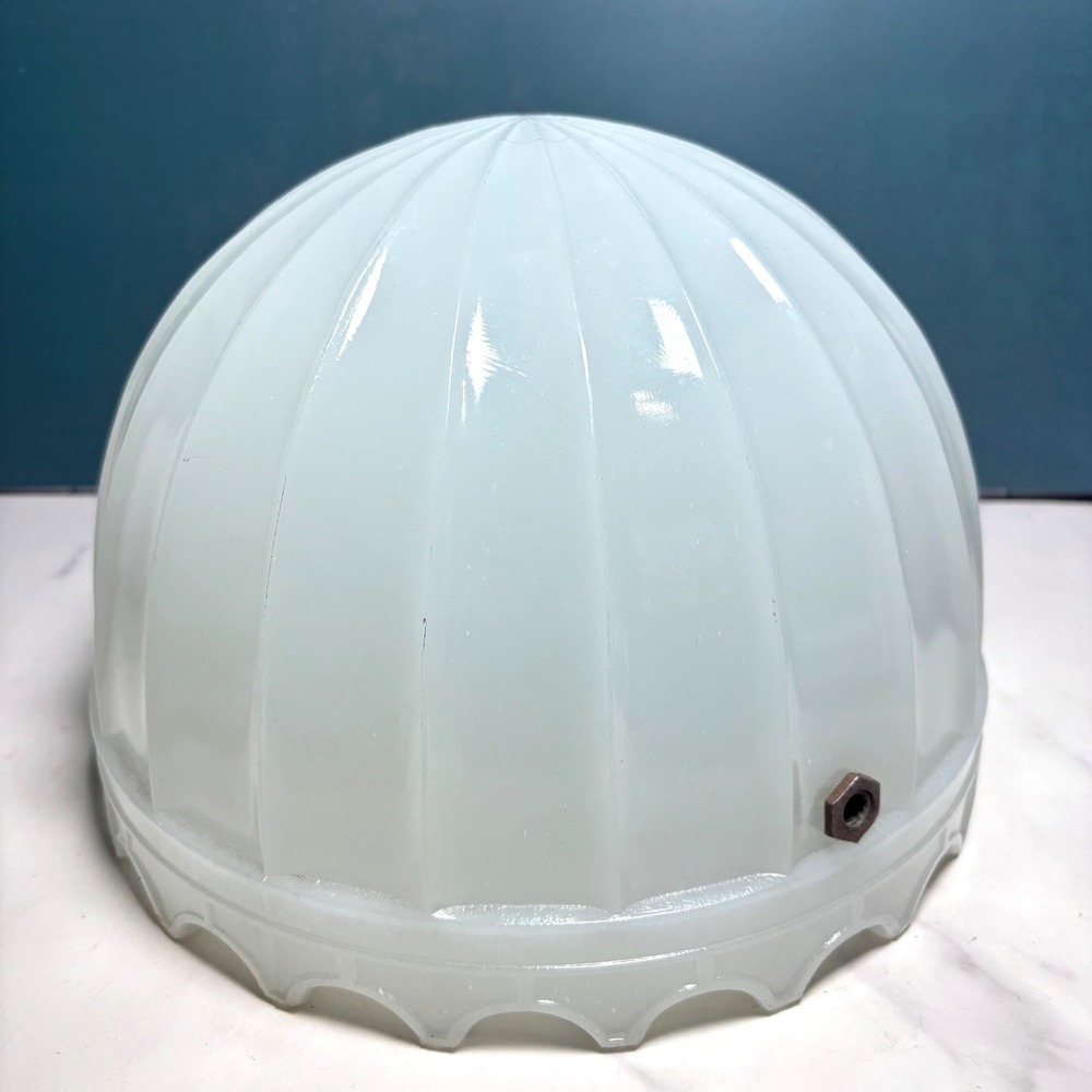 Vintage White Milk Glass Ribbed 3-Chain Hanging Light Shade Scalloped 10"